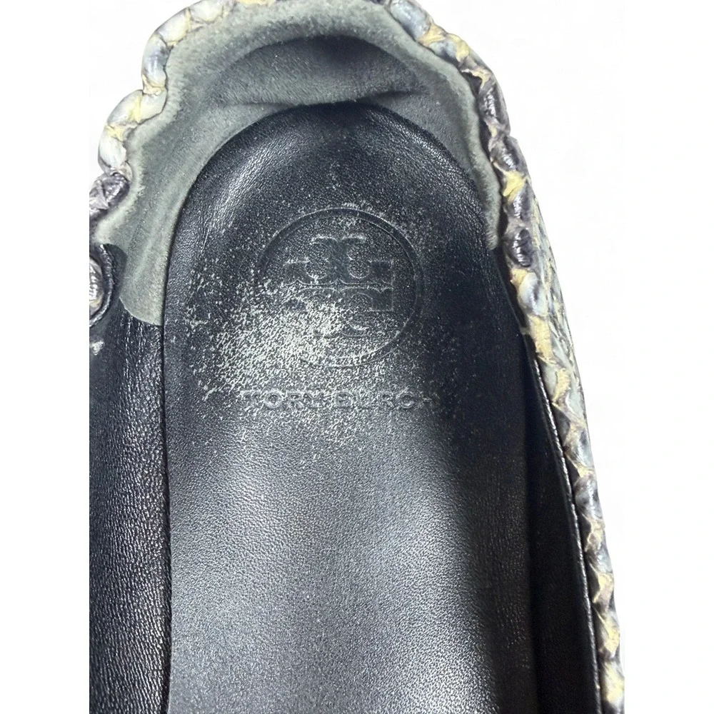 Tory Burch Reva Snakeskin Embossed Leather Ballet Flats Grey Black Logo Flat